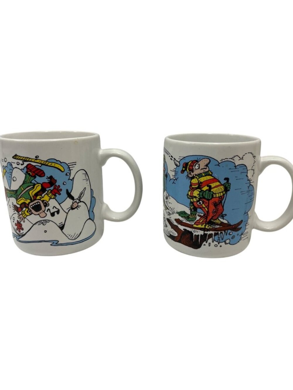 Stoneware Coffee Mugs Snow Skiing Cartoon By Paterson USA 1980s Set Of 2